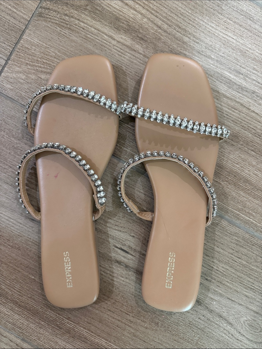 Express Nude/Tan Rhinestone Double-Strap Slide Sandals